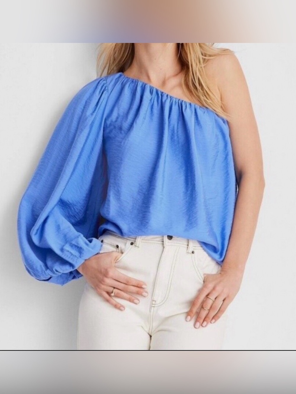 Future Collective Balloon Sleeve Asymmetrical One-Shoulder Blue  Blouse Top